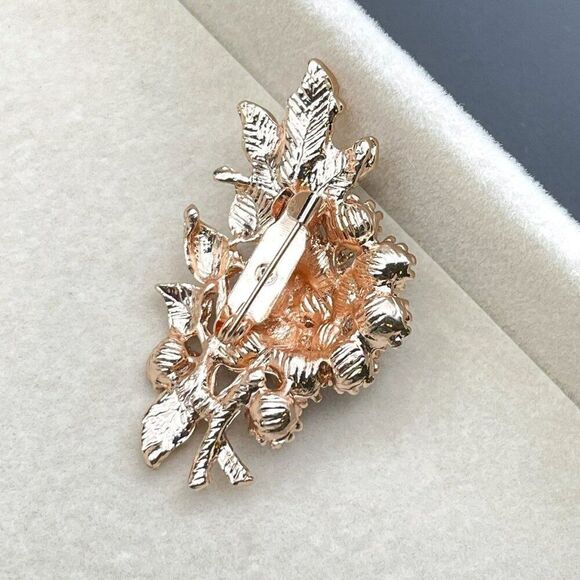 Rose Gold with Dark and Light Blue Sapphire Flower Leaf Bouquet Pin Back Brooch - Picture 7 of 8